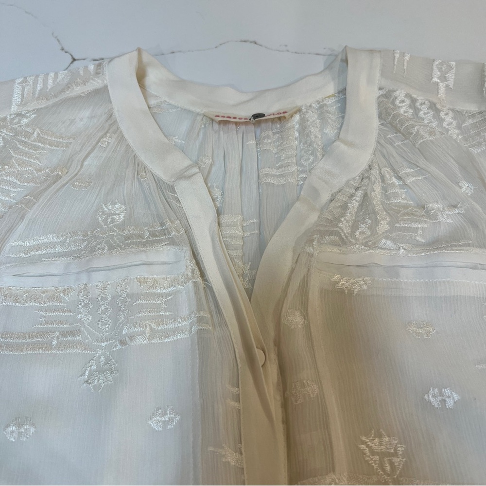 REBECCA TAYLOR 100% Silk Ivory blouse Button Front Sz 2 Sheer Bohemian Boho - Picture 5 of 10